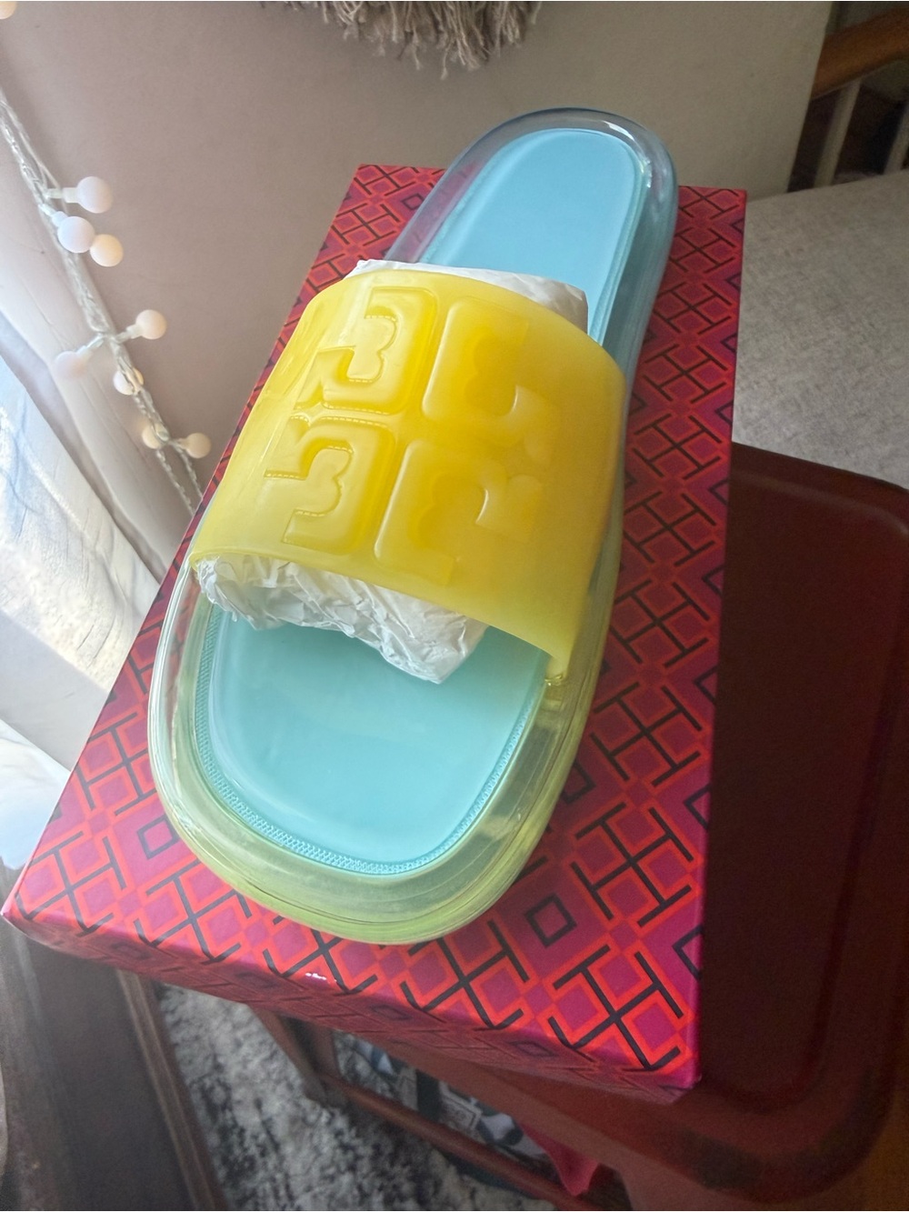 Tory Burch Island Blue and Firefly Yellow Bubble Jelly Slide BRAND NEW